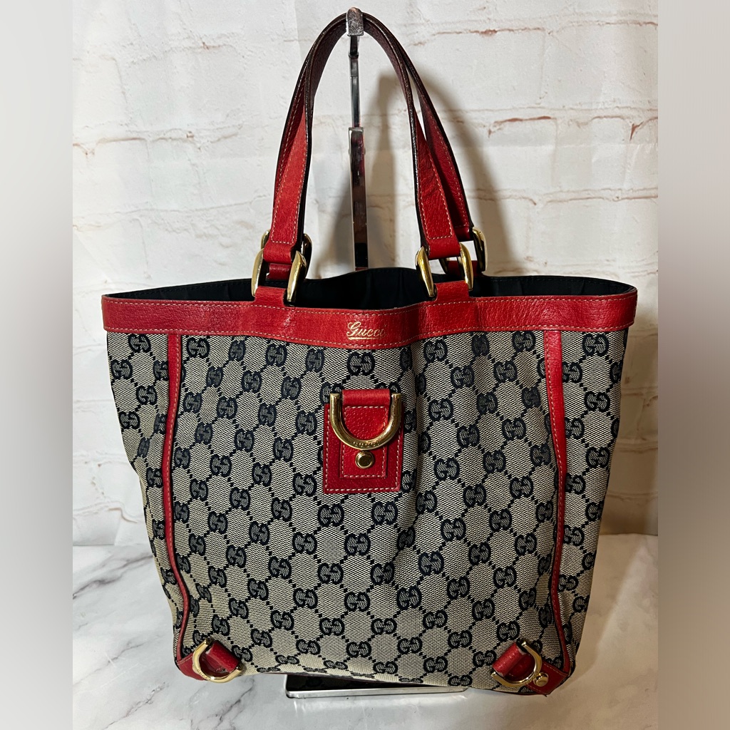 Guc Gucci Red Trimmed Canvas Gg Tote